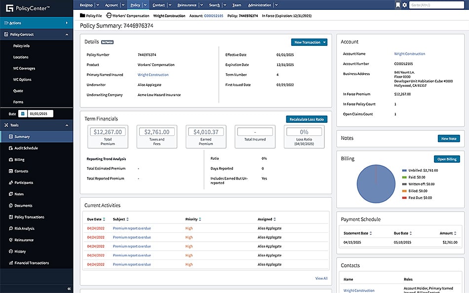PolicyCenter screen - Policy Summary