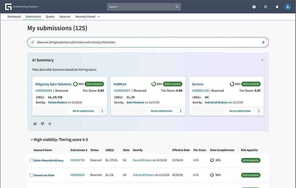 Underwriting Assistant screen - My submissions