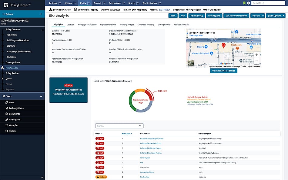 PolicyCenter screen - Risk Analysis