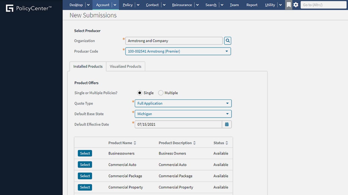 PolicyCenter screen - Seize Emerging Opportunities