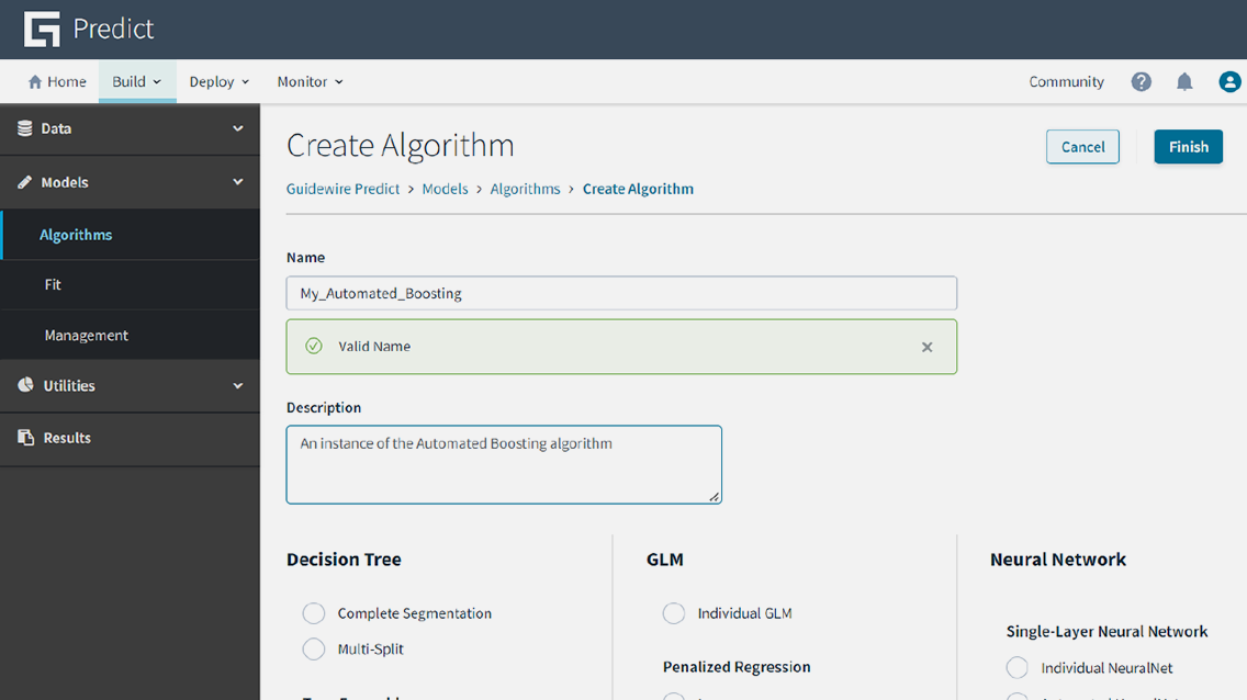 Predict portal - Algorithms screen