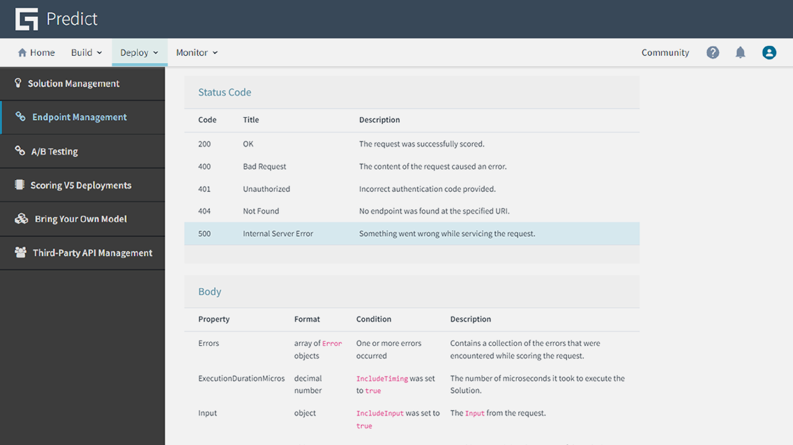 Predict portal - Endpoint Management screen