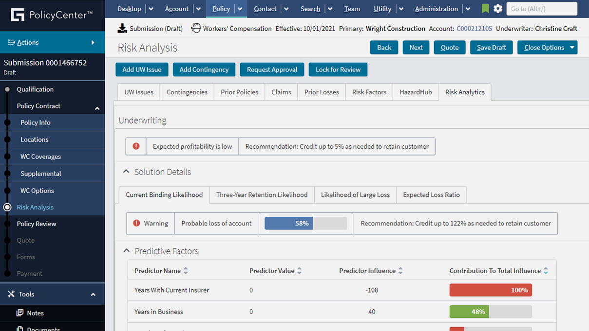 PolicyCenter portal - Risk Analysis screen 