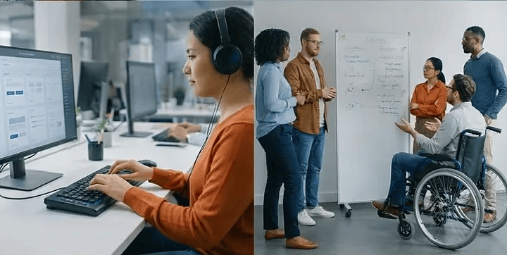2 images - woman at computer, and 4 workers meeting