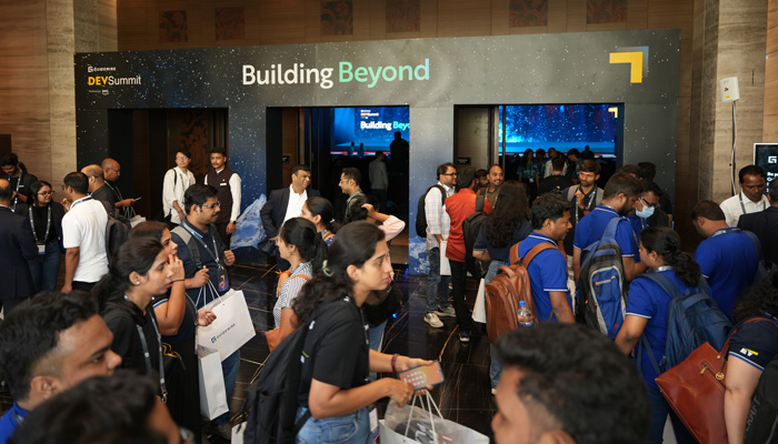 DevSummit attendees in the event reception area