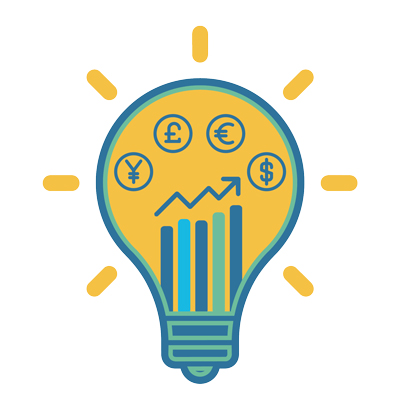 icon - lightbulb with chart and various currency symbols
