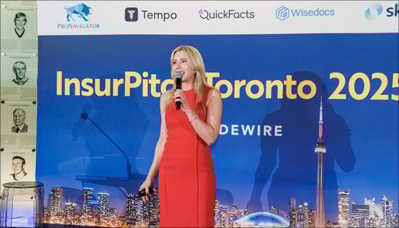 Laura Drabik on stage at InsurPitch Toronto 2025