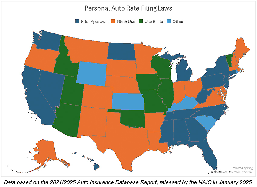 US map - color-coded - displays state groupings based on the characterizations developed by the National Association of Insurance Commissioners (NAIC)