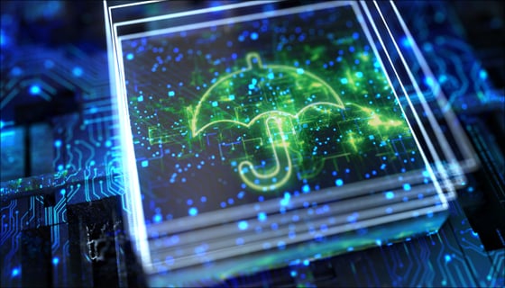 photo illustration - protective neon umbrella over ship circuitry