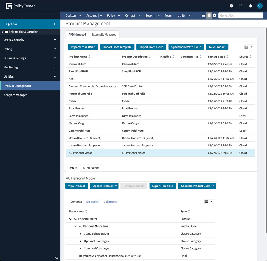 screenshot - PolicyCenter - Product Management