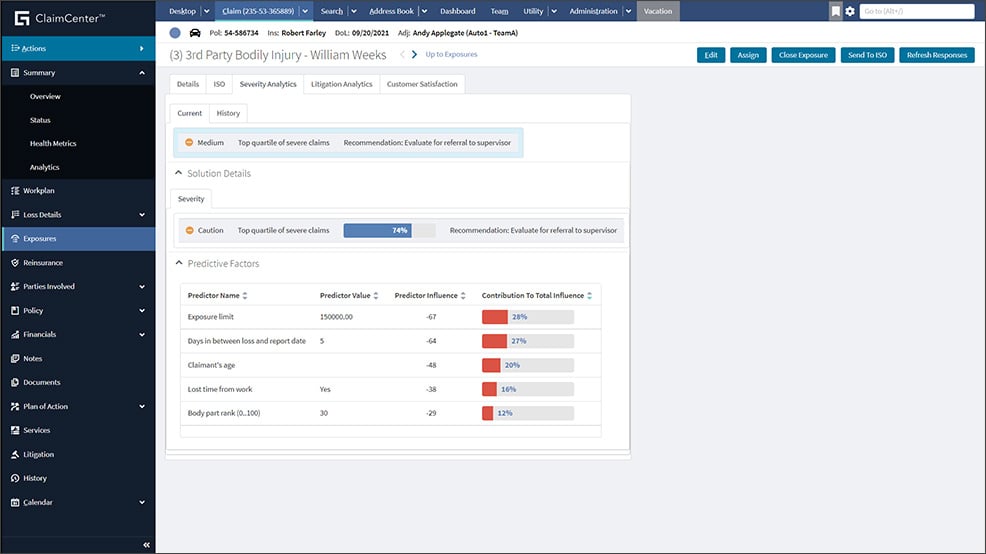 screen - ClaimCenter - 3rd party bodily injury severity analysis