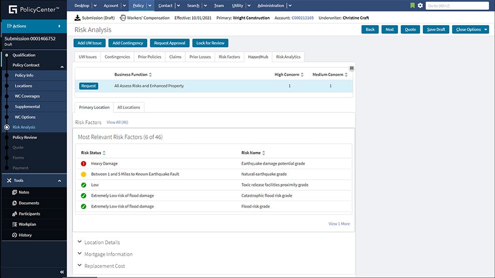 screen - PolicyCenter Risk Analysis Risk Factors