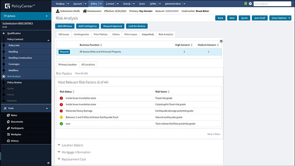 screen - PolicyCenter Risk Analysis HazardHub Risk Factors