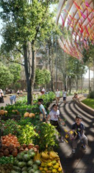 Community market with people walking through outdoor space