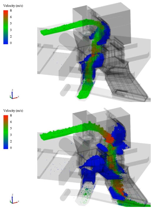 Évaluation par méthode des éléments discrets d’un minerai brut de cuivre abrasif et collant à trois niveaux de capacité et opération d’aiguillage pour alimenter l’un ou l’autre des deux convoyeurs de réception.