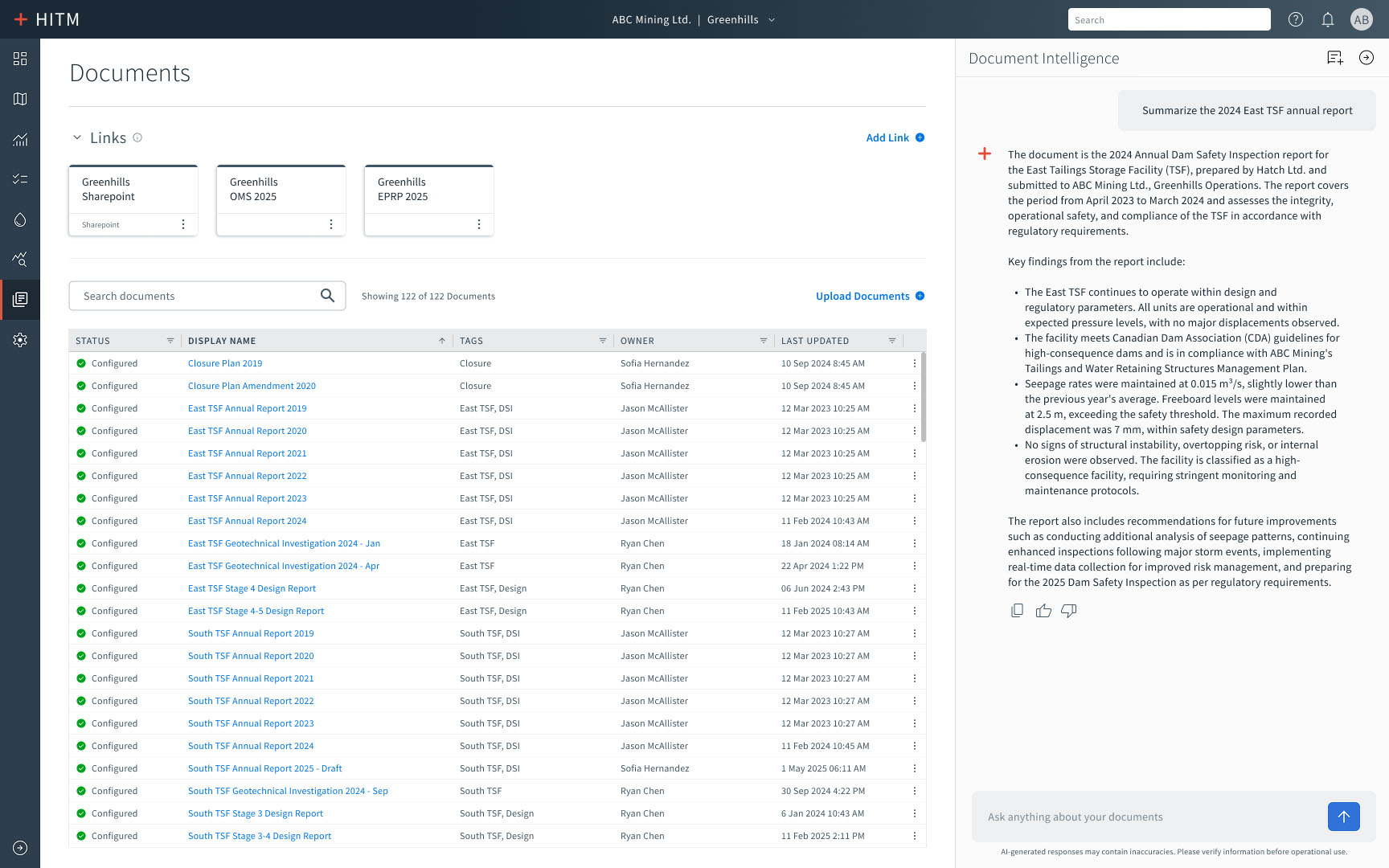 Hatch Integrated Tailings Management documents screen showing uploaded files, linked repositories, and AI-powered document intelligence.