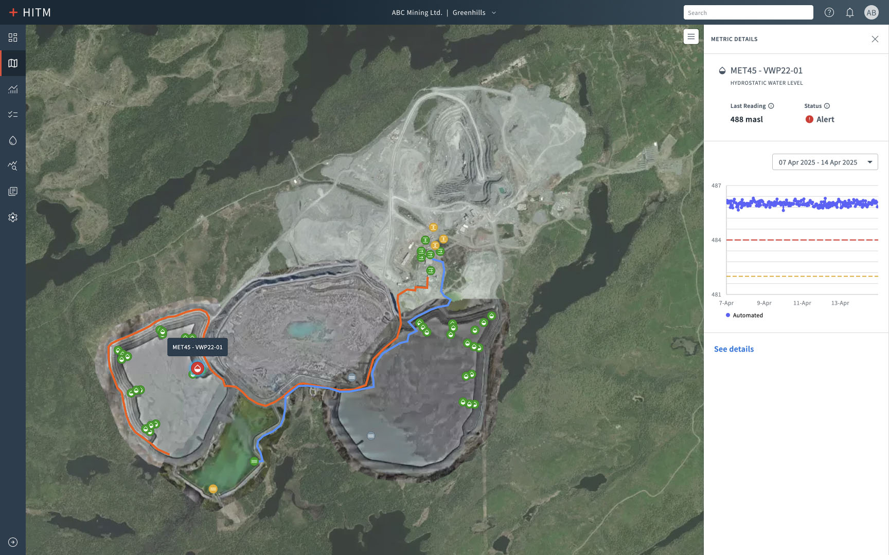Hatch Integrated Tailings Management map screen showing a satellite view of a tailings site overlaid with real-time sensor data.