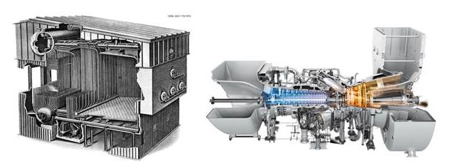 Cross-sectional view of the most common power  combustion systems - a watertube boiler and industrial gas turbine