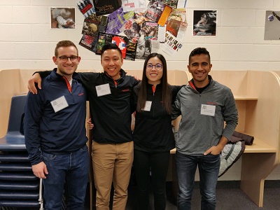 Volunteer judges Andrew Skoko, Hilbert Li, Rachel Ko, and Ahmed Ujjainwala represent Hatch at the FIRST LEGO® League tournament in Oakville, Canada.
