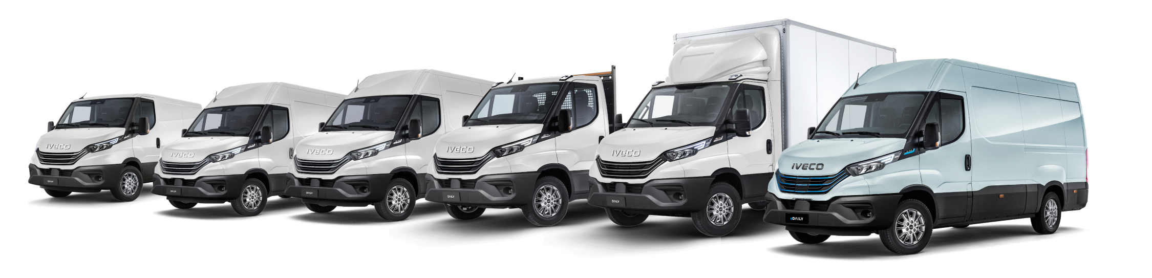 IVECO Daily fuldt line-up. Fra venstre mod højre : IVECO Daily 9m3, 12m3, 16m3, ladvogn, boks/lift og den elektriske eDaily 12m3
