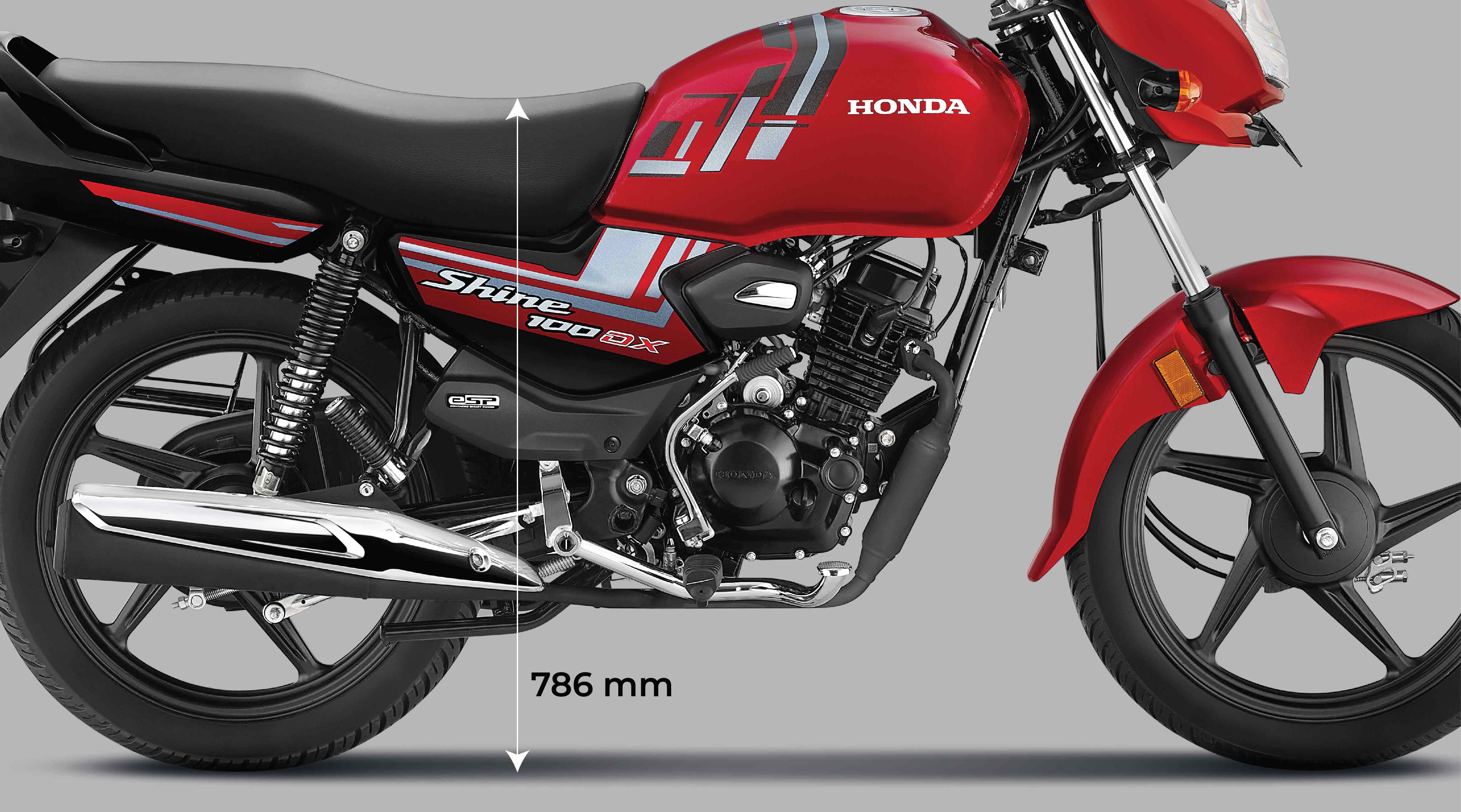 Honda Shine 100 – Easy ground touch with optimised seat height — Riders can easily be flat-footed with an optimum seat height that enhances comfort.