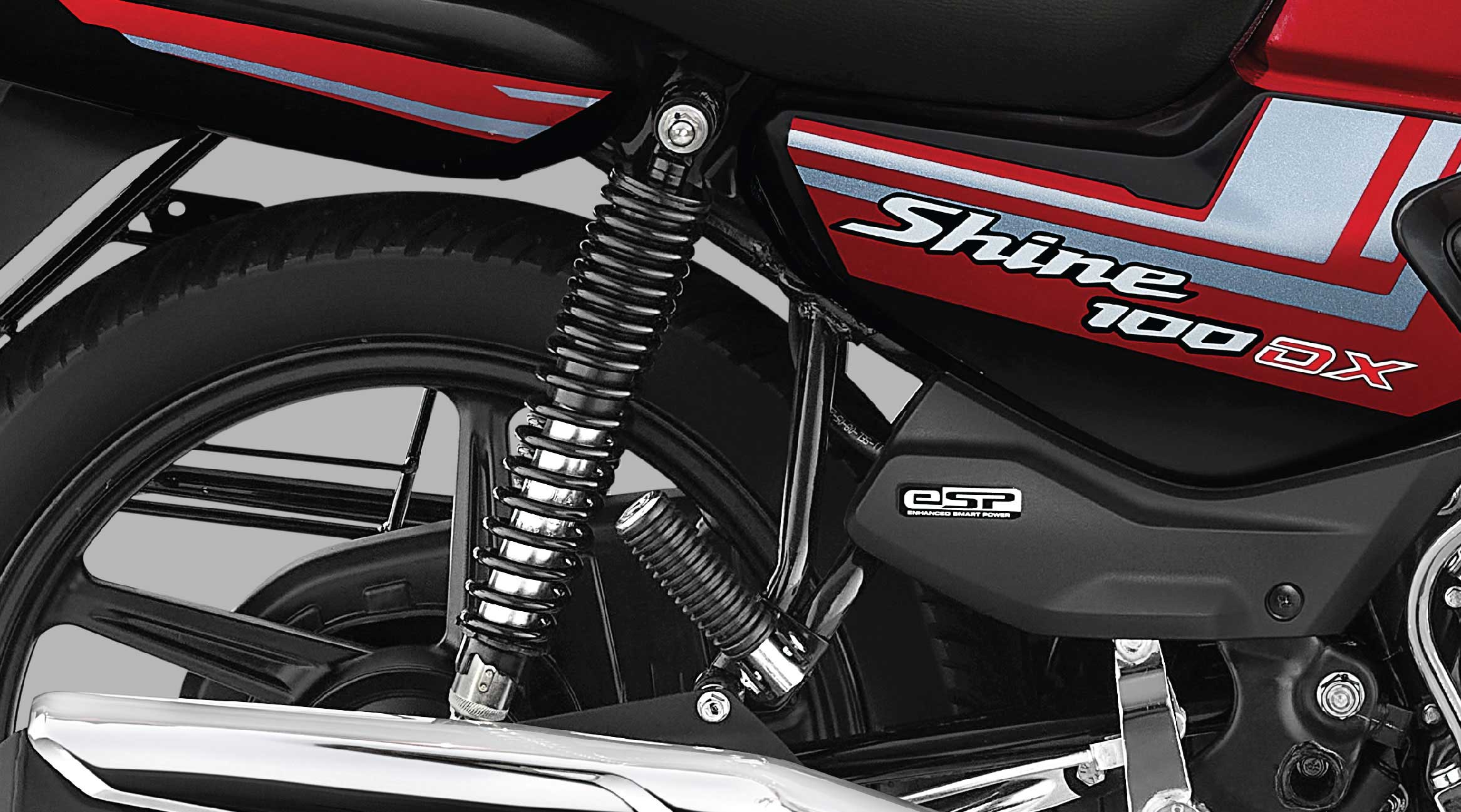 Honda Shine 100 – Superb Suspension Dynamics — A Perfect 5-step adjustable suspension setup makes riding on every road a breeze.