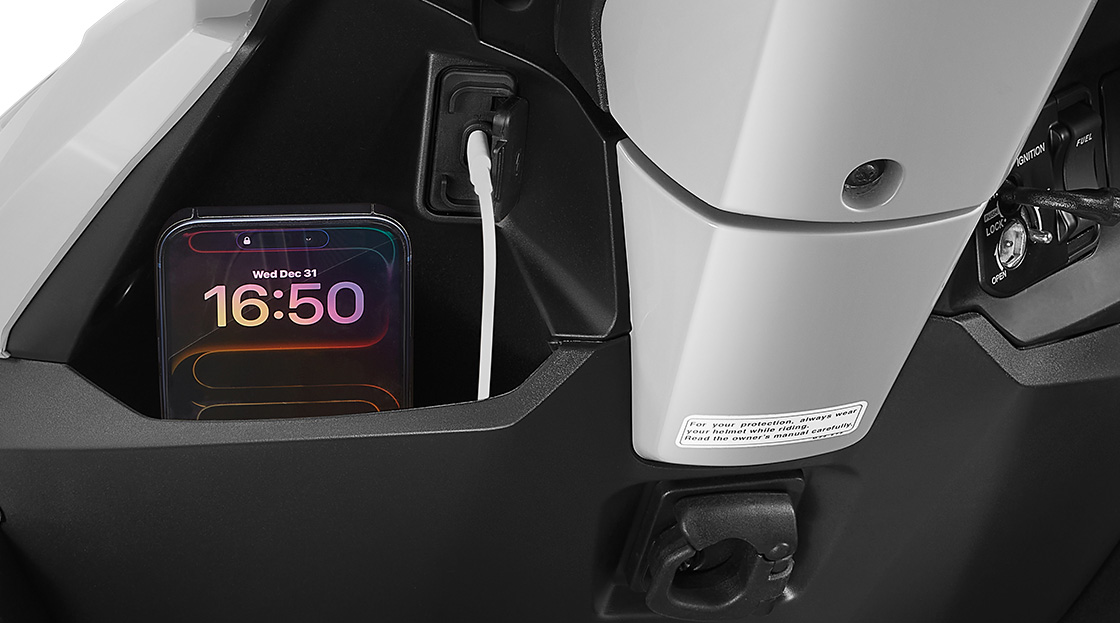 Honda Dio 125 – Open Glove Box with USB Type-C Charging Port — Convenient storage for smaller items