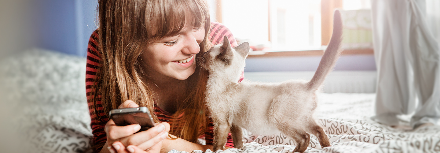 A young woman is laying on a bed with a phone in her hand while a kitten comes up to sniff her.