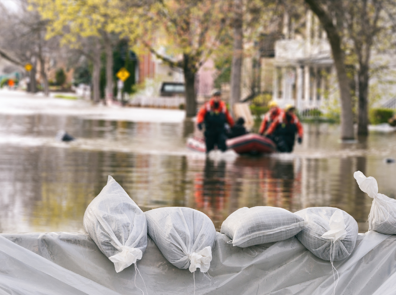 Sandbags in the foreground as rescue workers navigate a flooded residential street by boat.