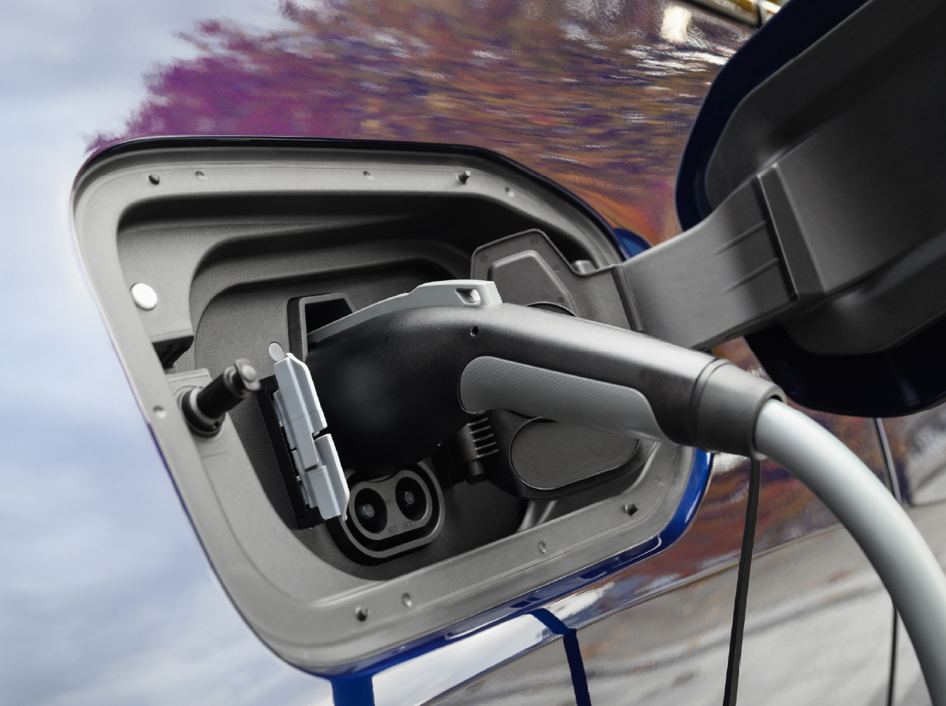 An electric vehicle charging outdoors beside autumn foliage.