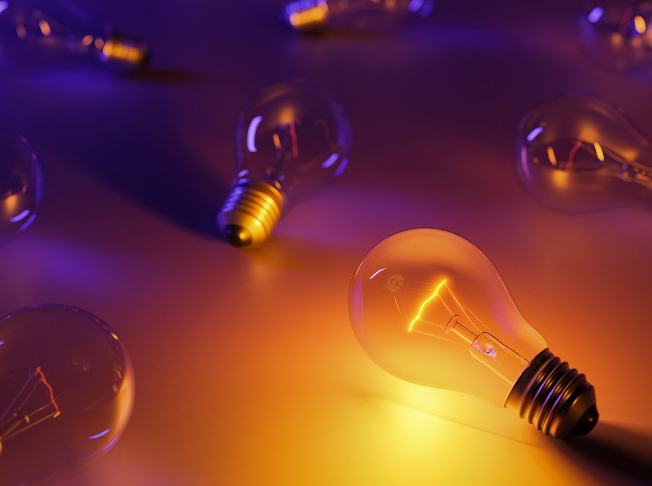 lightbulbs scattered around with one lit up