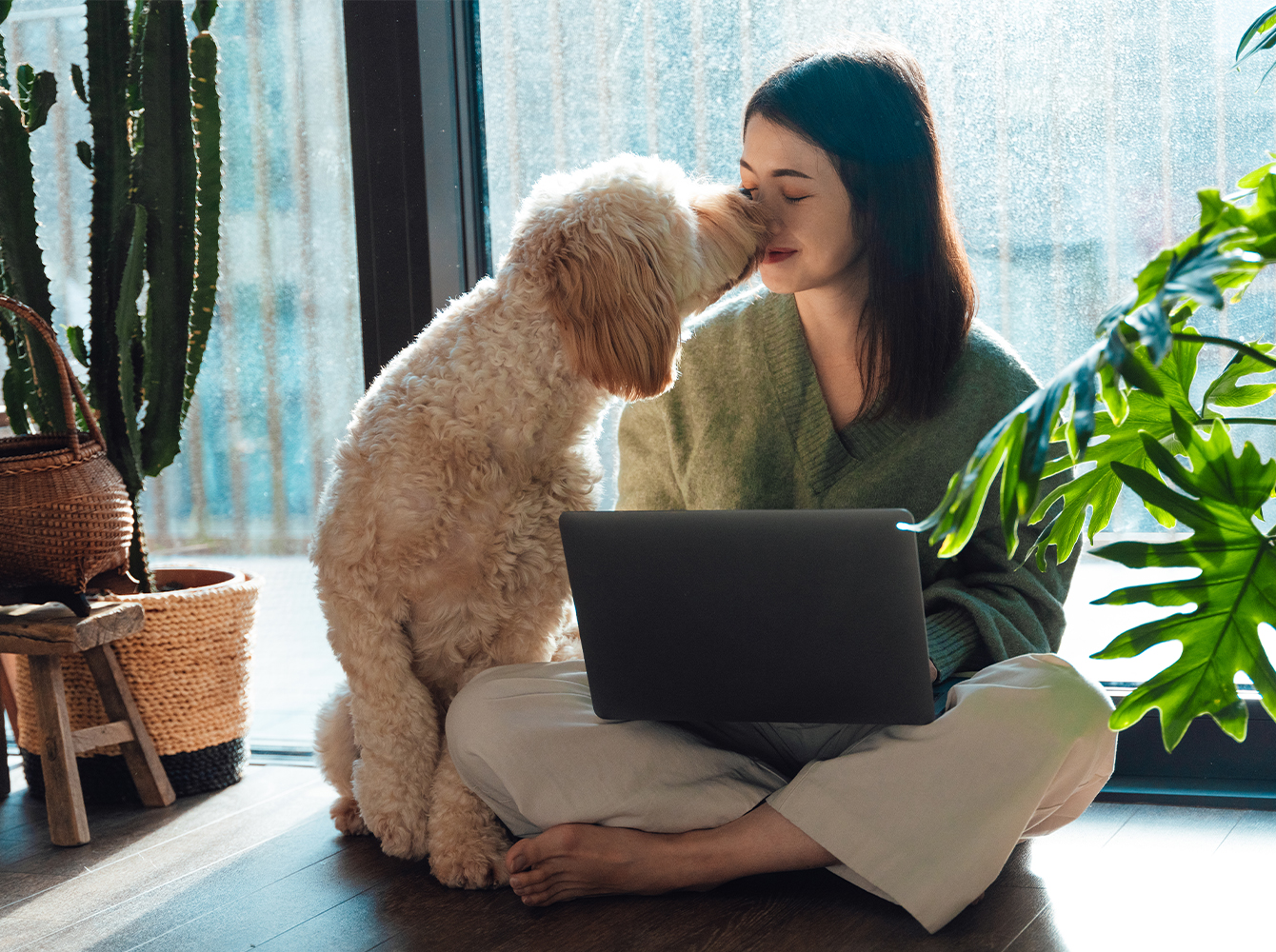 A woman sits on the floor with a laptop as a dog licks her nose.