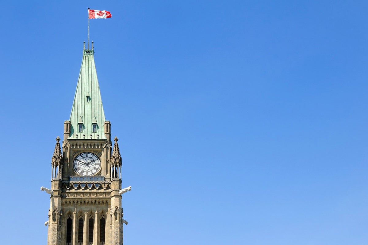 Sky view of spire at Canadian parliament building