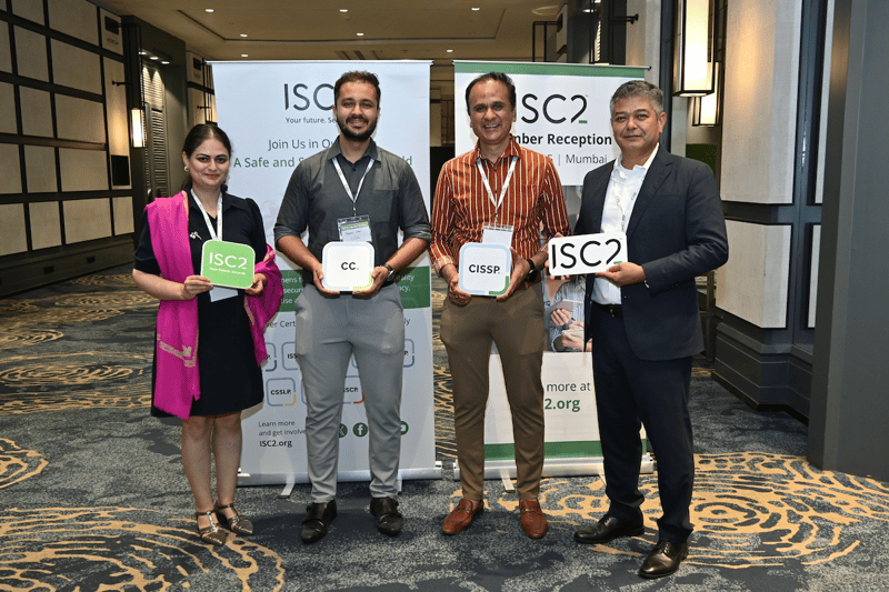 Dr. Sanjana Mehta, Senior Director of Advocacy at ISC2; Tamay Jani, CC; Kalpesh Jani, CISSP; and Clayton Jones, Managing Director, APAC, at ISC2 at the ISC2 Member Reception held in Mumbai, India, on June 6, 2025.