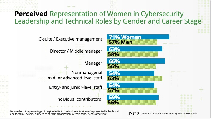 Perceived representation of women in cybersecurity roles (comparing female and male respondents)