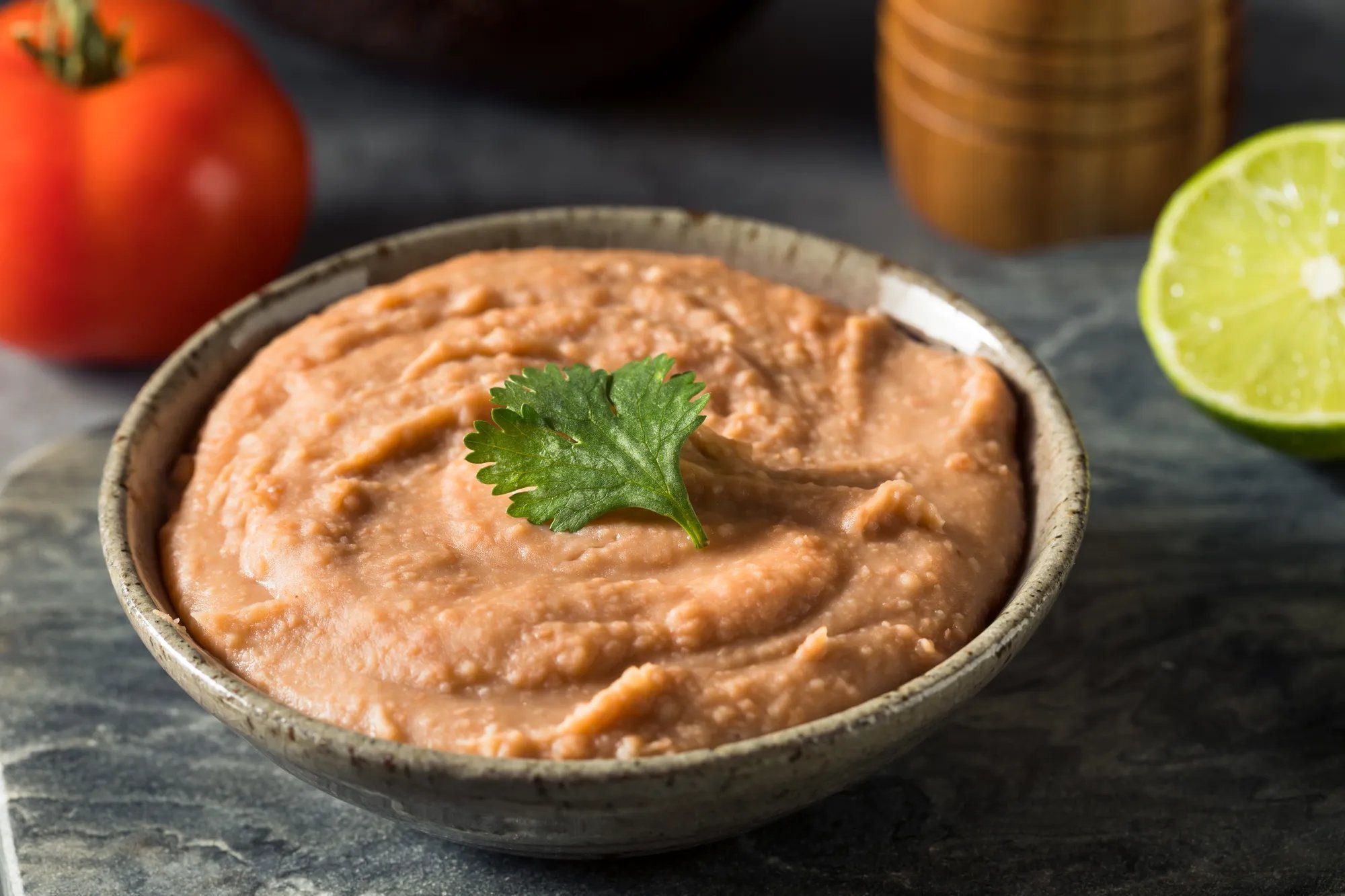 Homemade organic refried pinto beans