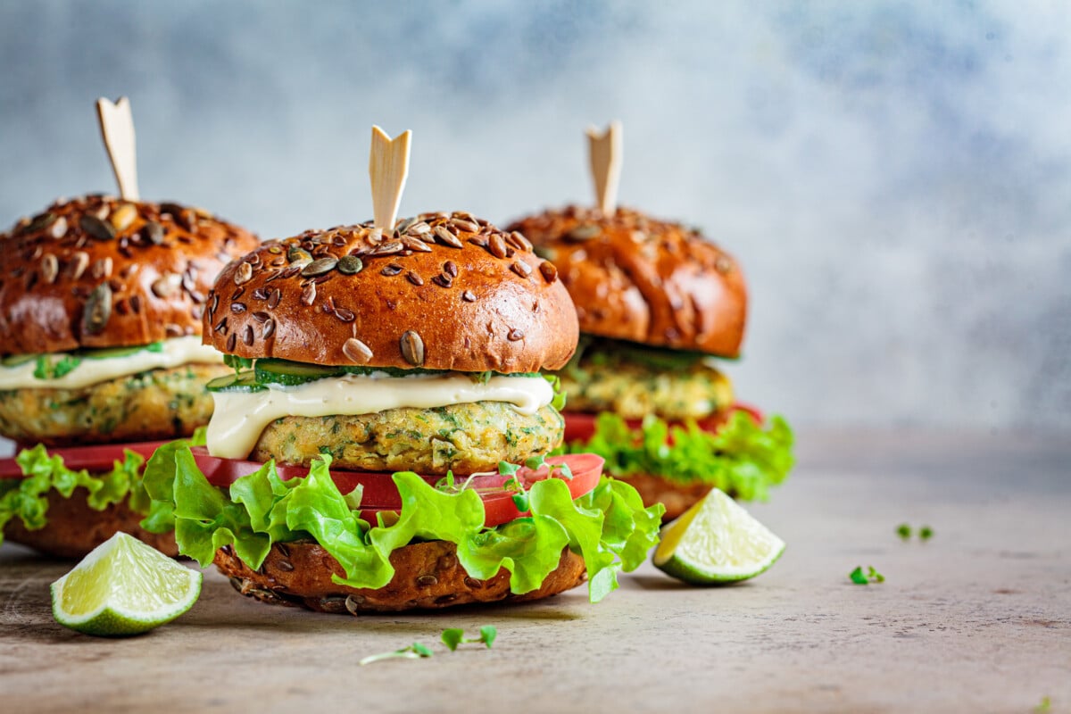 Vegan falafel burger with vegetables and sauce