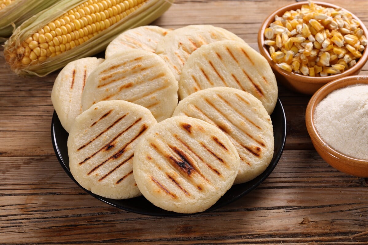 Maize Corn Flour Arepa a part of original Colombian Cuisine which has expanded to Venezuela and Bolivia. Filled with various ingredients for a savoury meal.