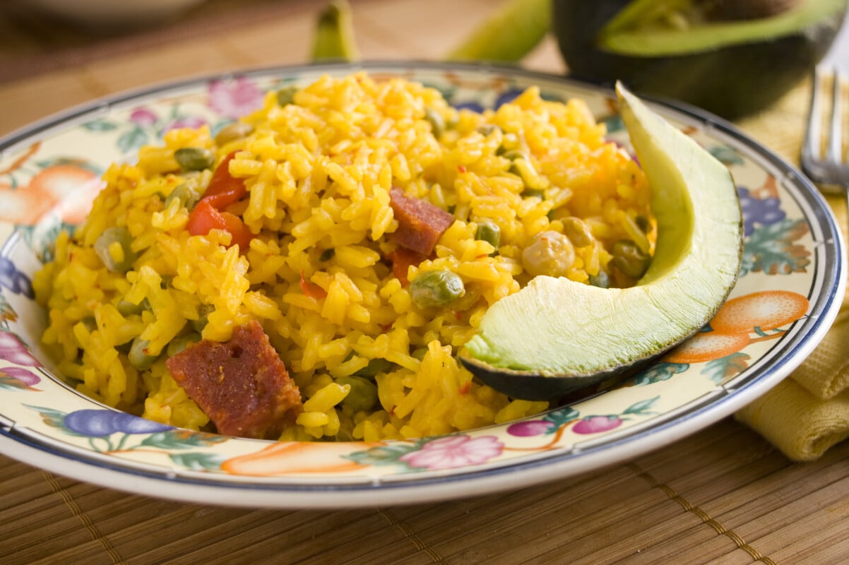 Yellow rice with pigeon peas, pieces of salami, and red pimiento, a traditional Puerto Rican dish