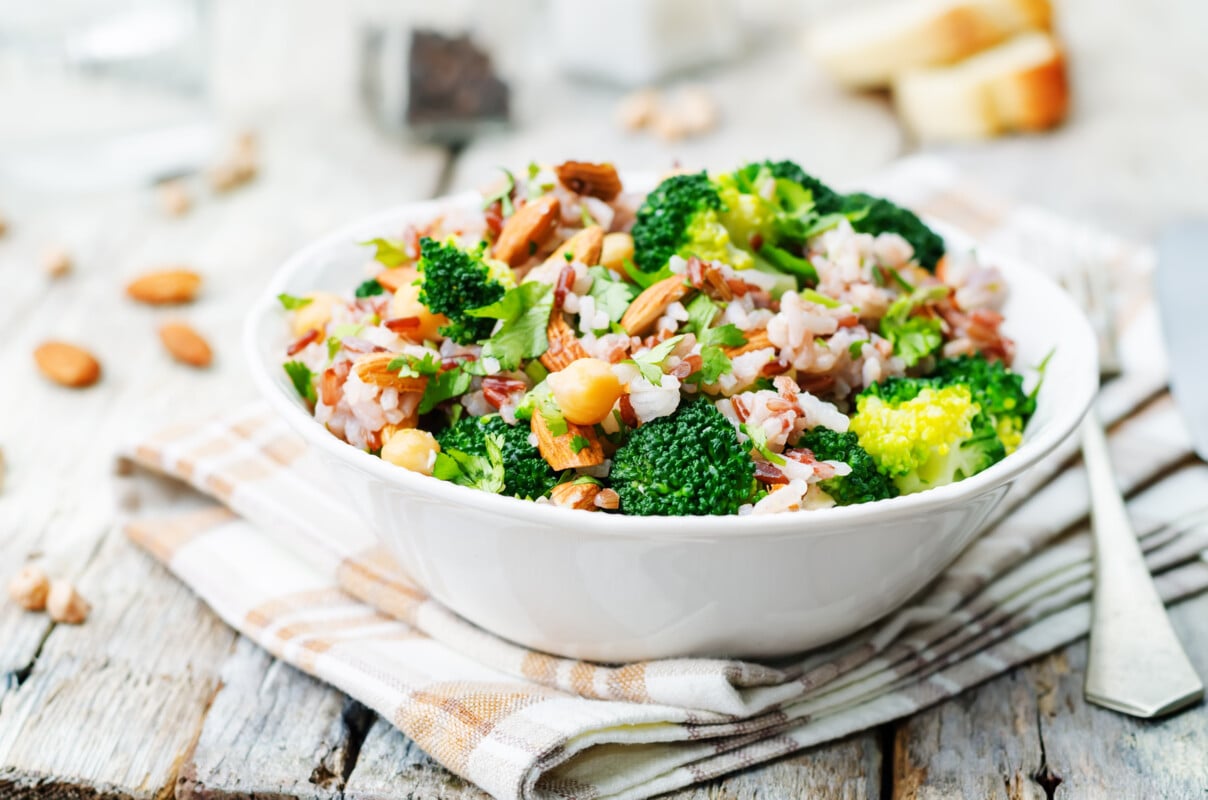 Broccoli chickpea cilantro almond white and red rice