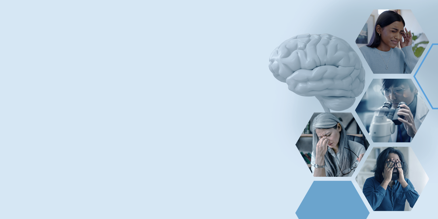 Migraine| 3 images of adults with migraines and pained expressions and 1 researcher using a microscope