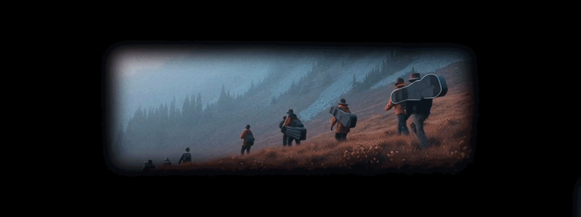 Brand video musicians hiking up a mountain