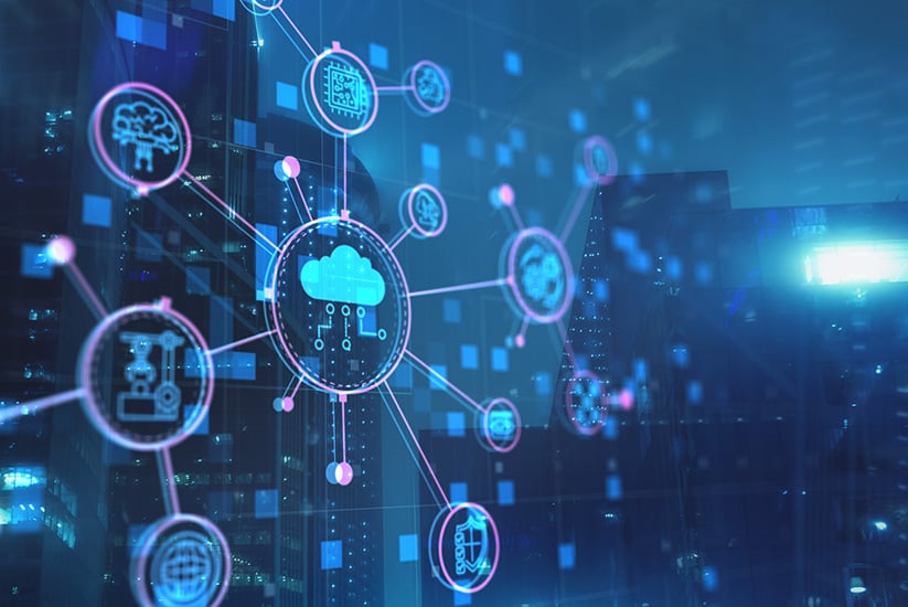 A central digital cloud connecting features like a shield, chip, and globe highlights the crucial role of enterprise IT asset management services in maintaining security and efficiency in IT asset management.