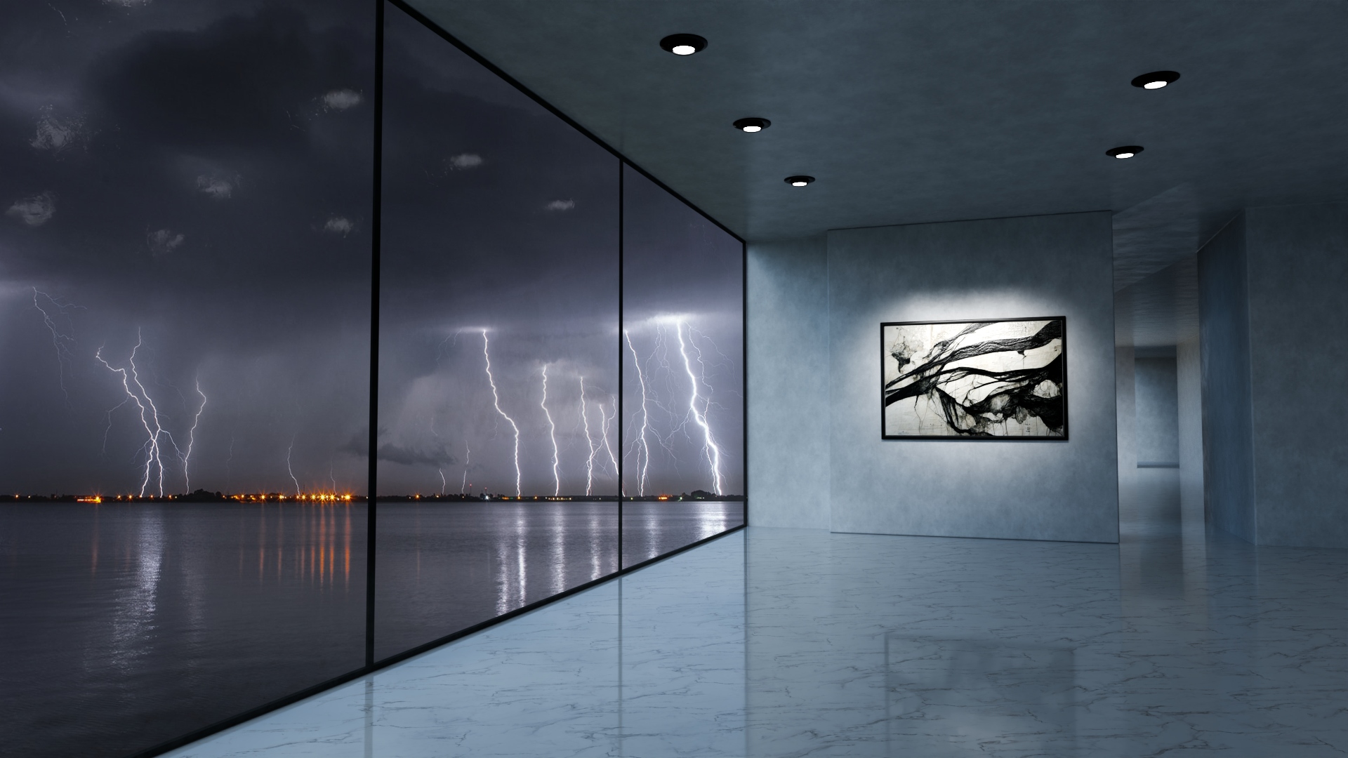 Modern room rendering during a storm
