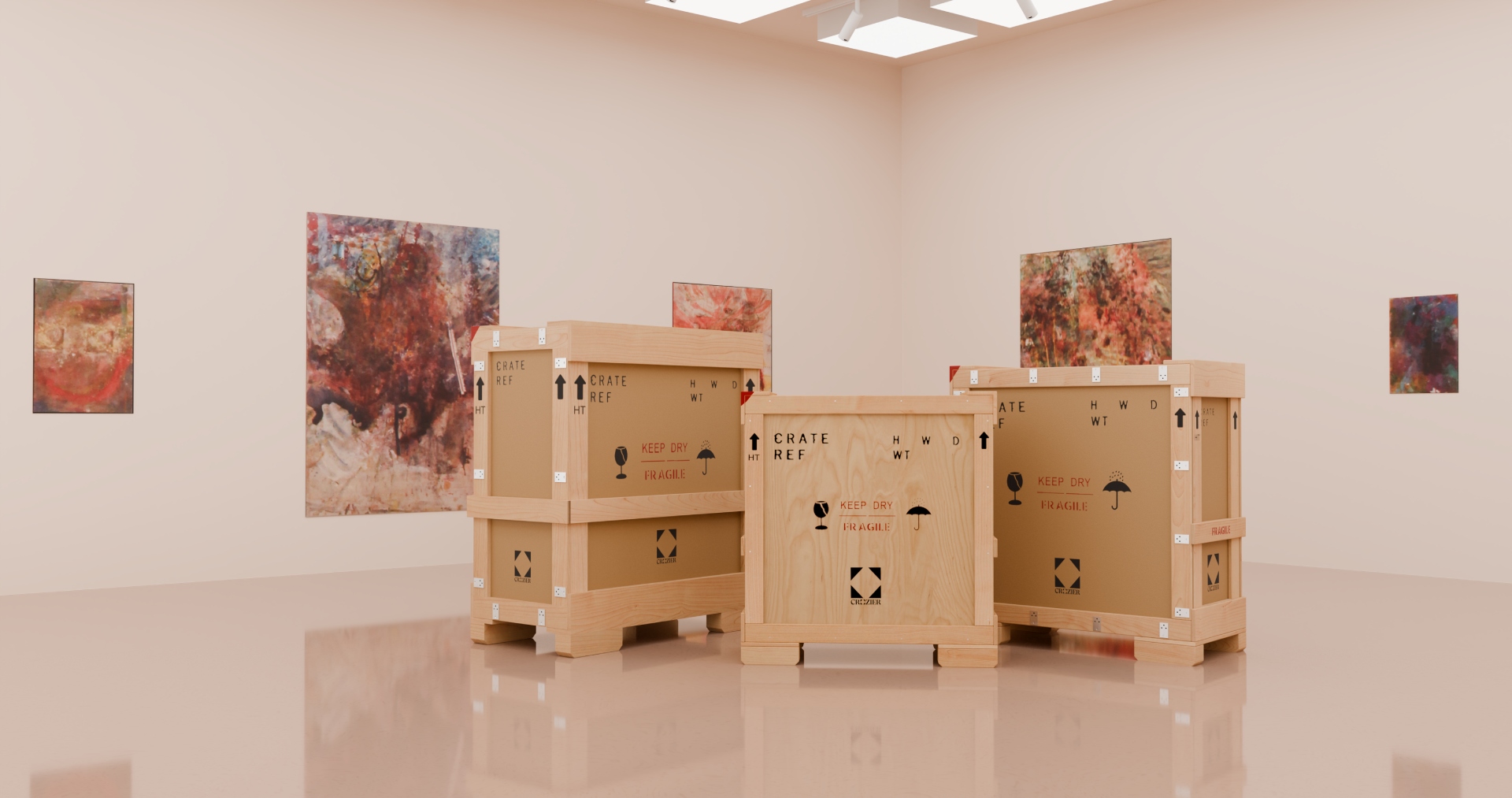 Moving crates in gallery space
