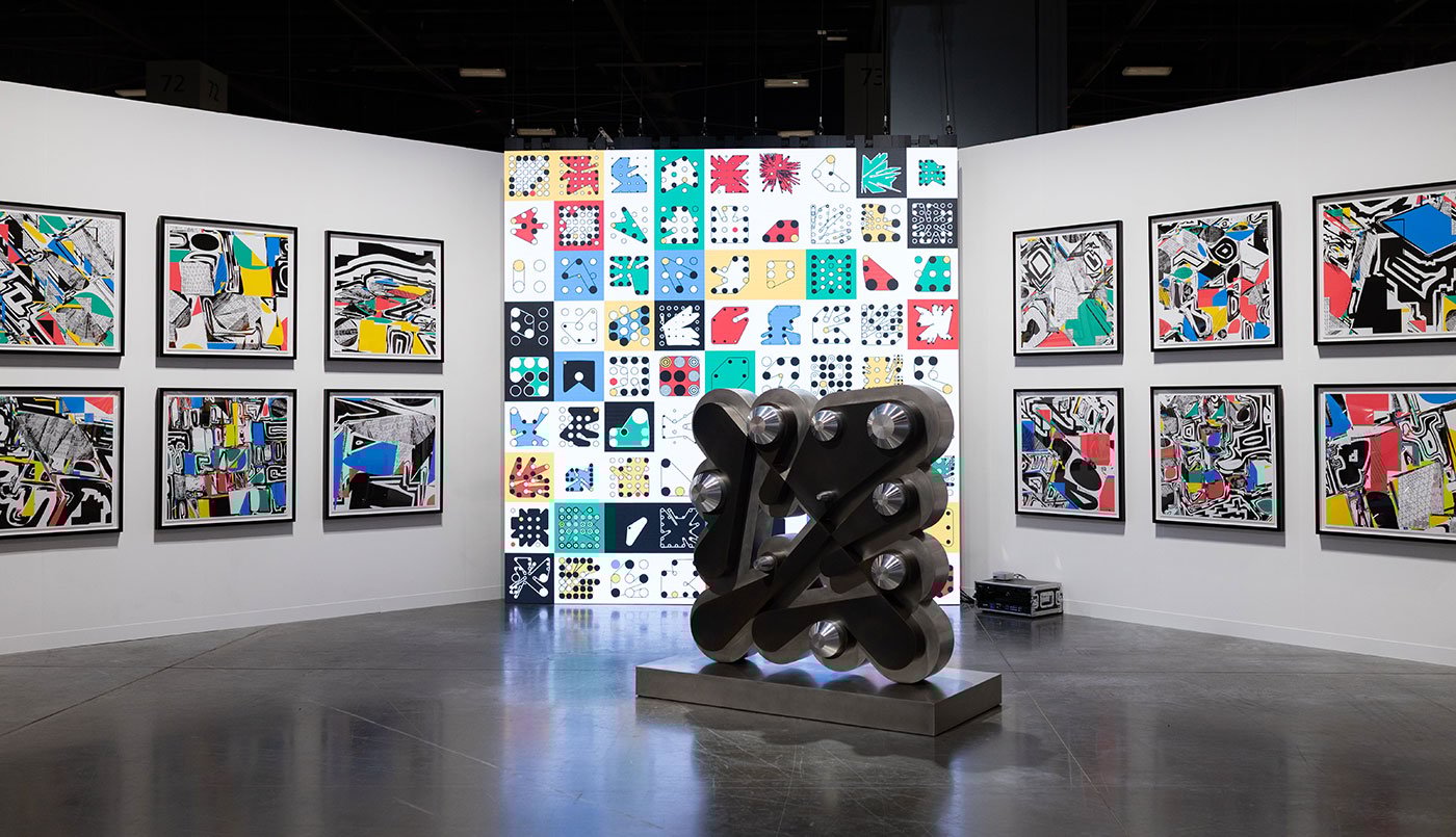 Dmitri Cherniak, Polygon Etcetera, (2025, left and right); Ringers (Algorithmic Interpolation) (2025, center rear); Floor Ringer (2024, center front). AOTM stand, Zero 10, Art Basel Miami Beach, Courtesy of the artist and AOTM. Photography courtesy of Art Basel