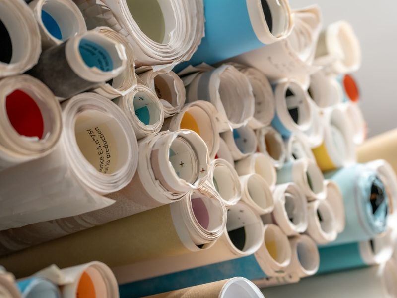 Large stack of tightly bound rolled paper and prints showing various colors like blue, red, and yellow from their open ends.