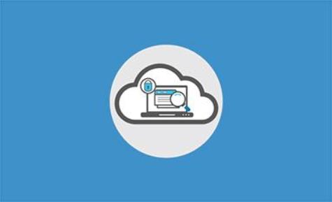 A blue and gray graphic of a cloud and a laptop with files, a magnifying glass, and a padlock 