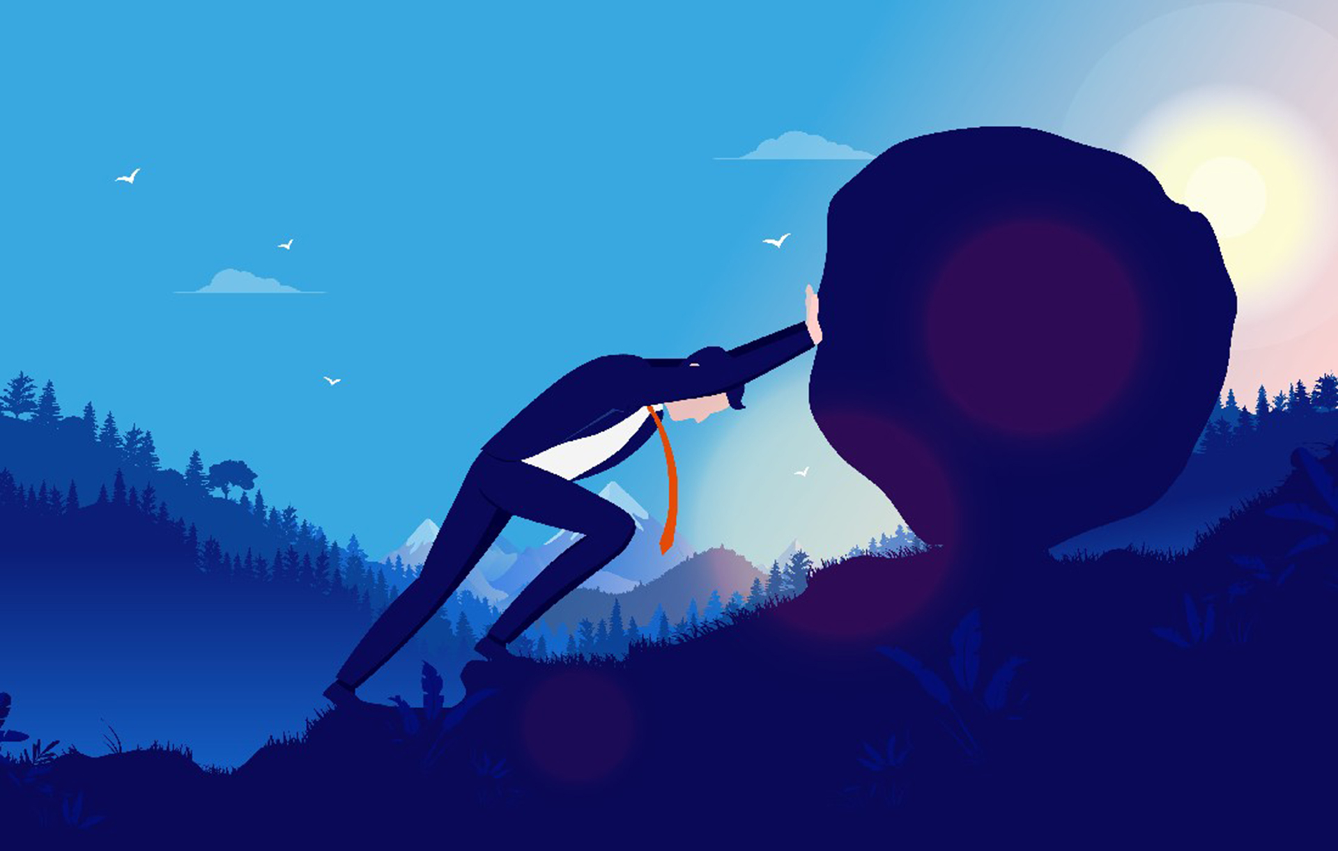 graphic of man pushing boulder uphill