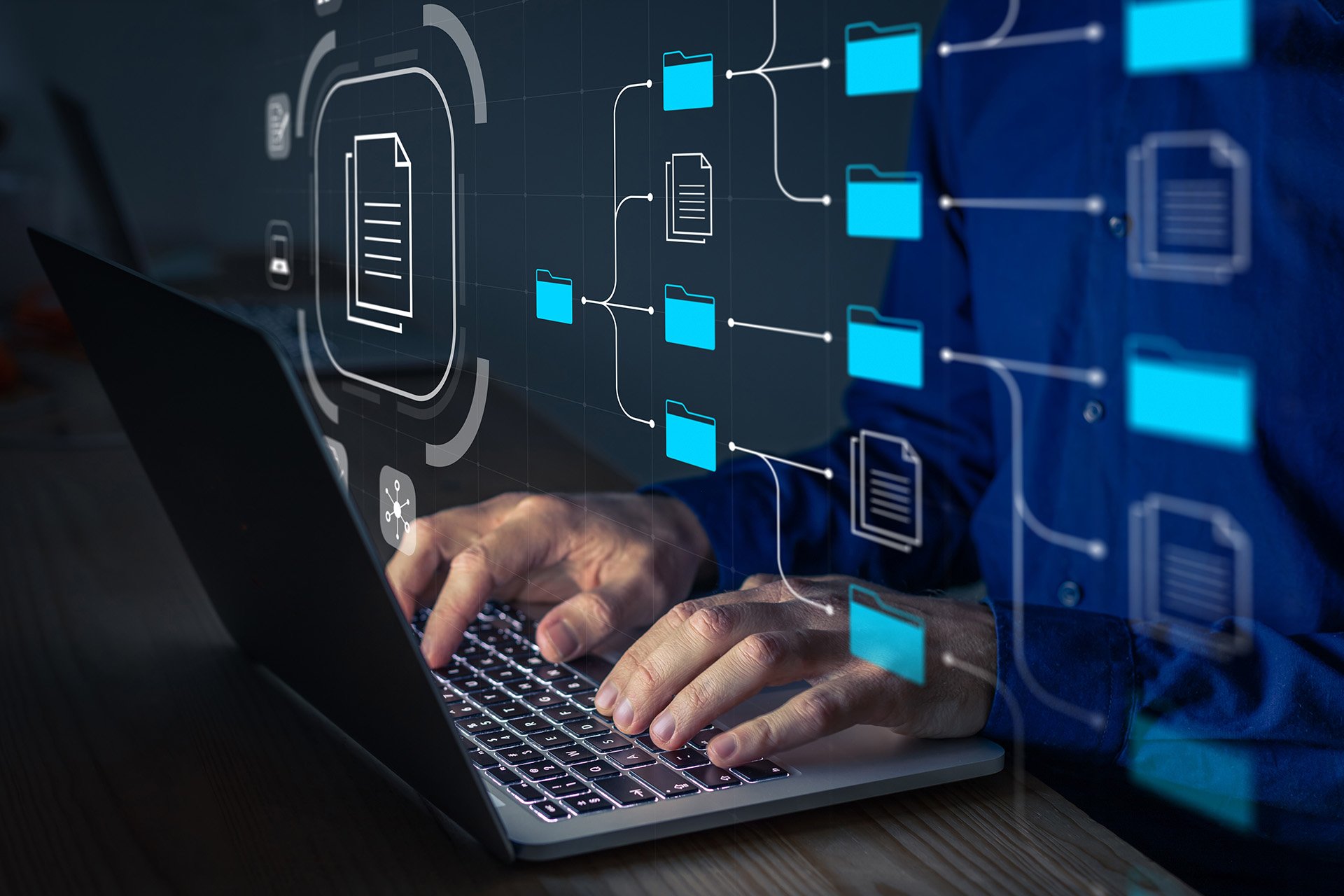 digital concept of laptop, using blue nodes and file paths